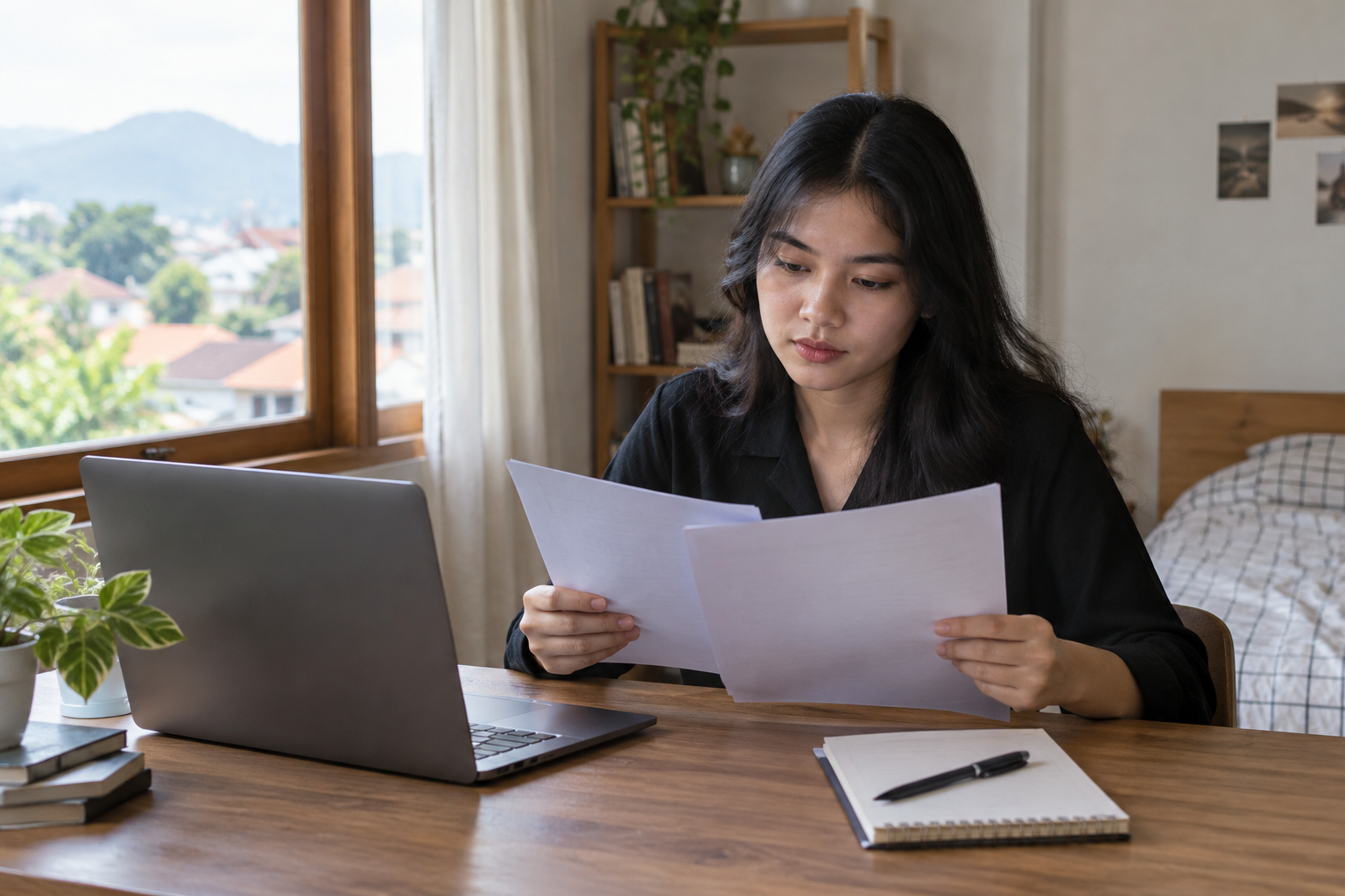 Pencari kerja meninjau dokumen CV di meja kerja rumah dengan laptop dan alat tulis.
