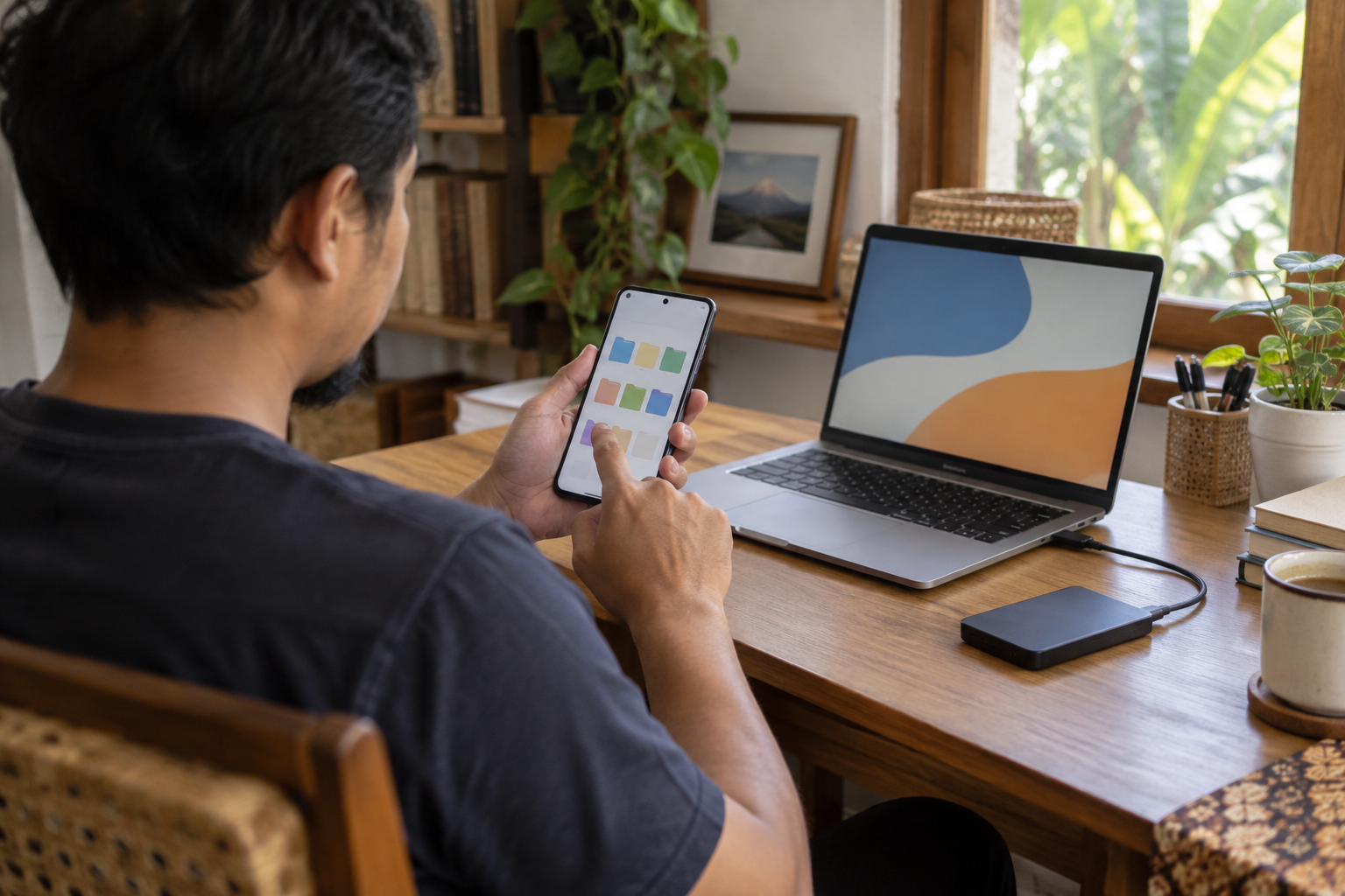 Pengguna memeriksa penyimpanan HP di meja kerja dengan laptop dan perangkat penyimpanan eksternal.